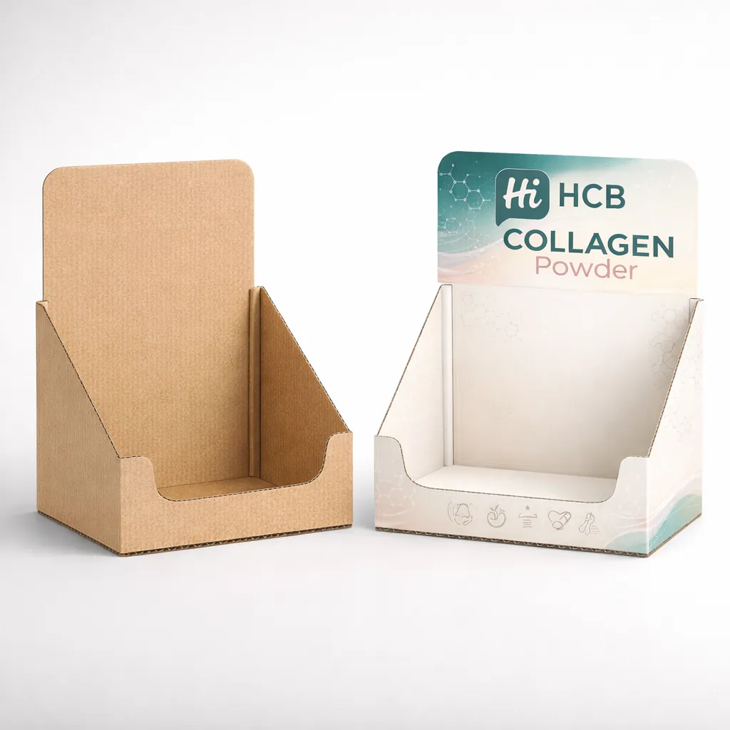 Two cardboard counter display units, one plain brown kraft and one with colourful collagen product brandin